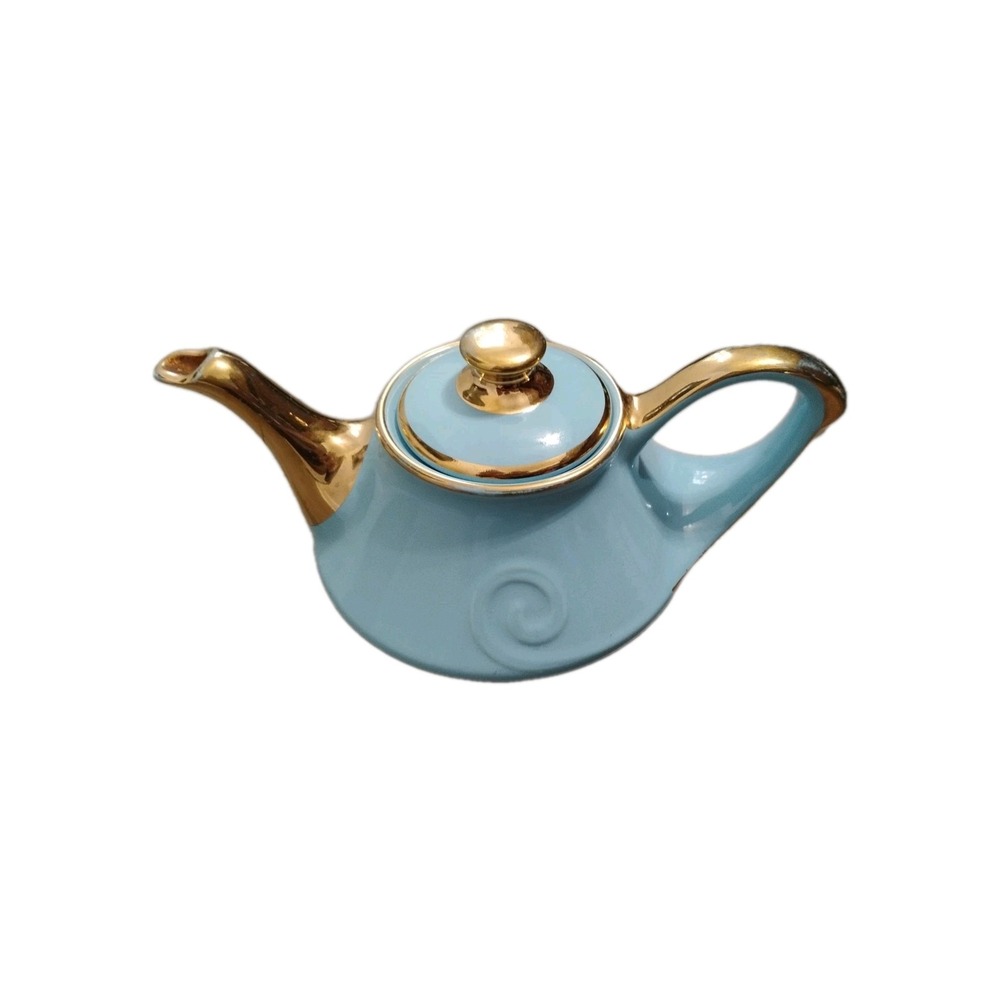 Pearl China Co. Teal Blue and 22k Gold Aladdin Style Teapot Hollywood Regency